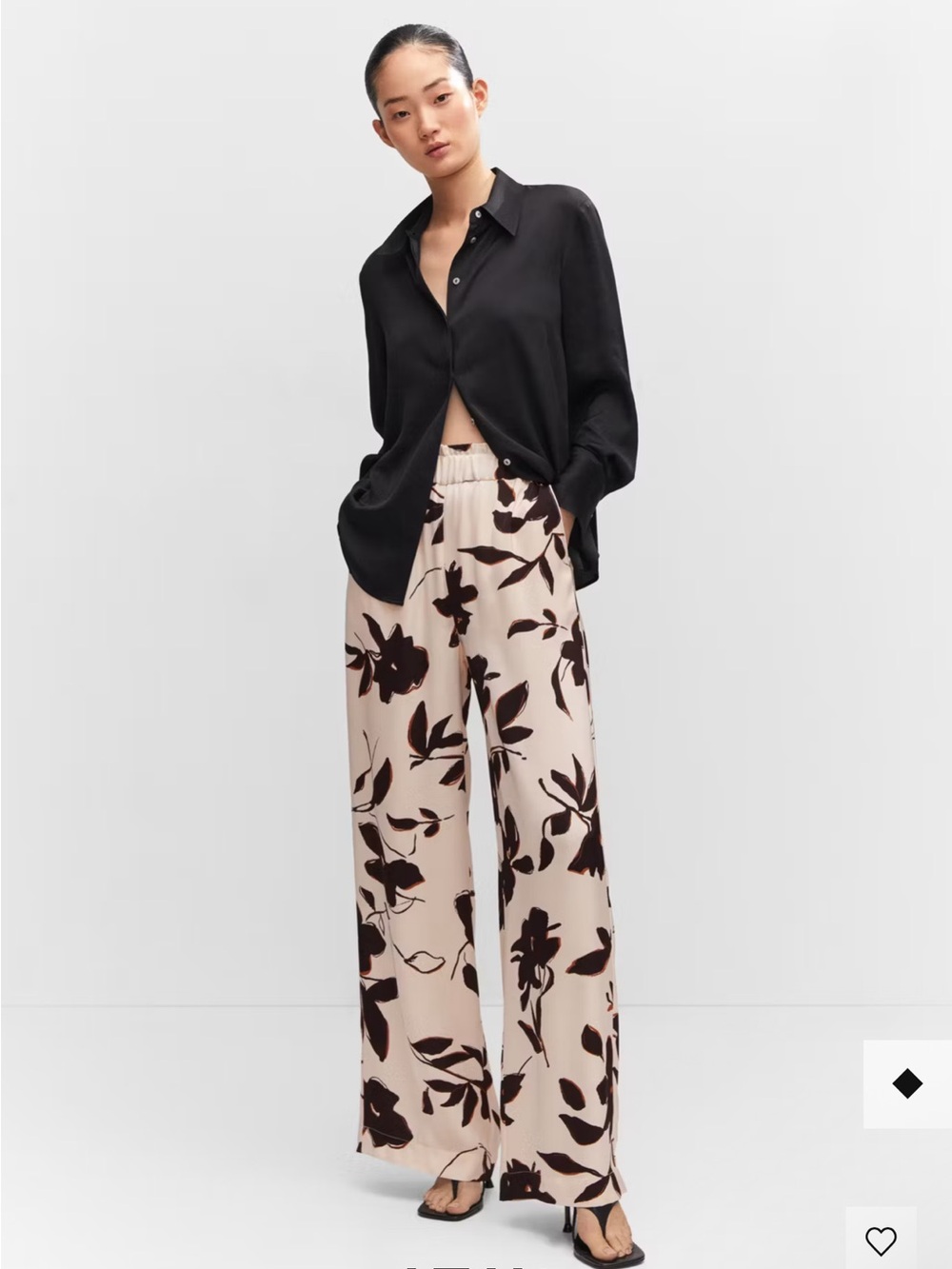 Mango Cream Wide-Leg Pants with Black Floral Print - New With Tags - Never Worn